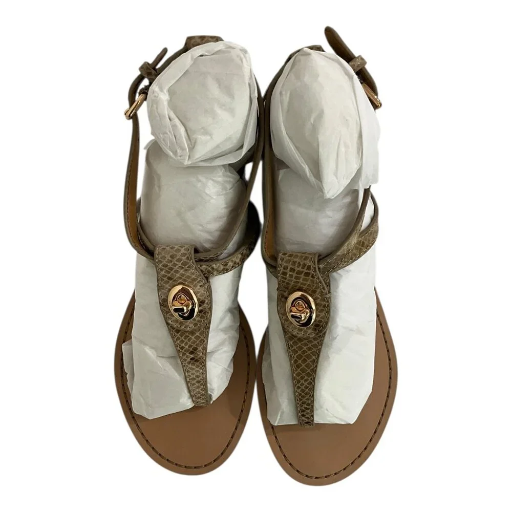 Women's Taupe T-Strap Sandals with Gold Accent